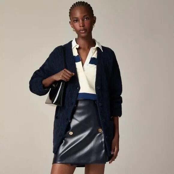 J.Crew Relaxed Cable knit Cardigan Merino Blend Sweater Navy Size L-XL NWT - Picture 1 of 12